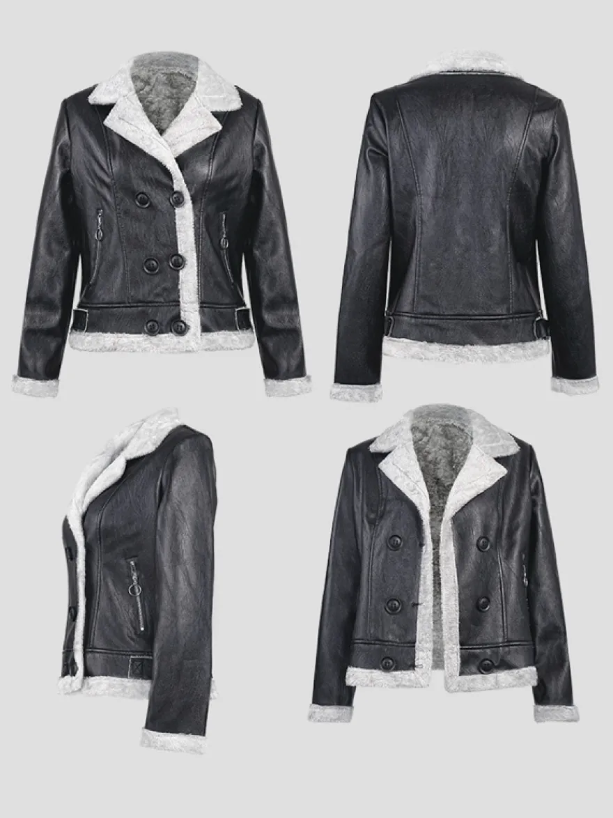 Veste en cuir doublée en fausse fourrure pour femme col à revers style motard chaude pour l'hiver