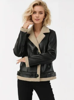 Veste en cuir doublée en fausse fourrure pour femme col à revers style motard chaude pour l'hiver