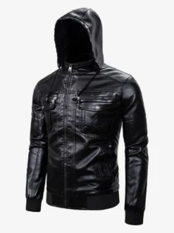 Veste en cuir pour homme coupe-vent décontracté à col montant avec poches zippées