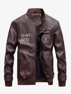 Veste en cuir pour homme veste de moto à col montant avec fermeture éclair et doublure