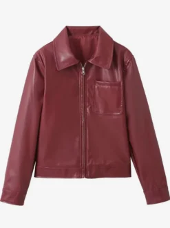 Veste en cuir PU à col rabattu et manches longues avec fermeture éclair pour femme