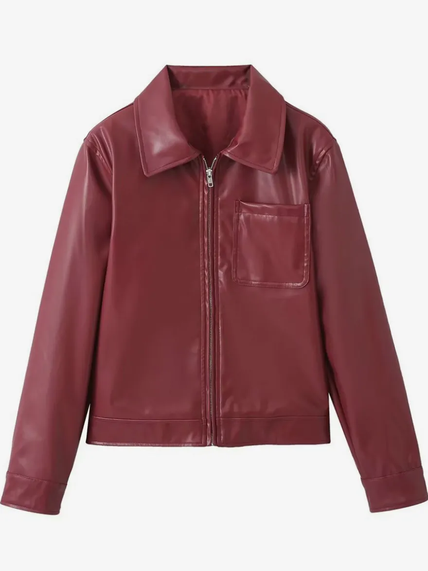 Veste en cuir PU à col rabattu et manches longues avec fermeture éclair pour femme
