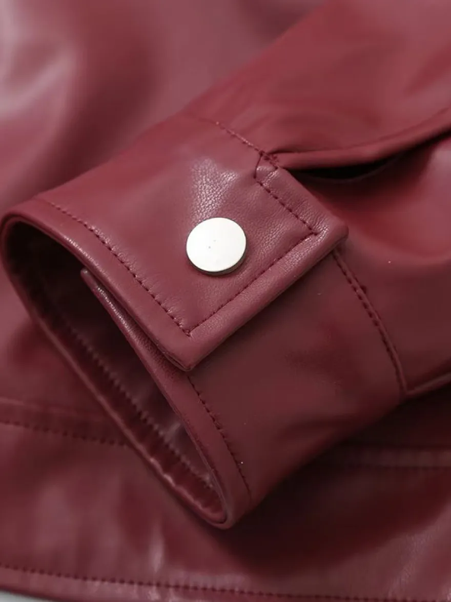 Veste en cuir PU à col rabattu et manches longues avec fermeture éclair pour femme