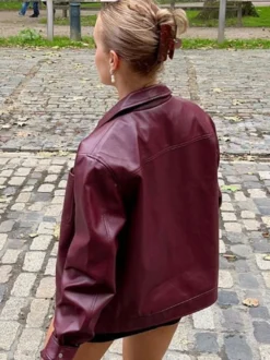 Veste en cuir PU à col rabattu et manches longues avec fermeture éclair pour femme