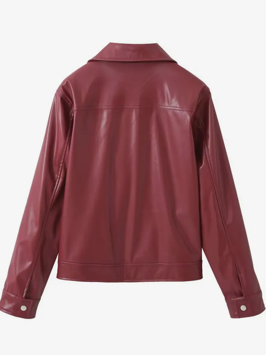 Veste en cuir PU à col rabattu et manches longues avec fermeture éclair pour femme
