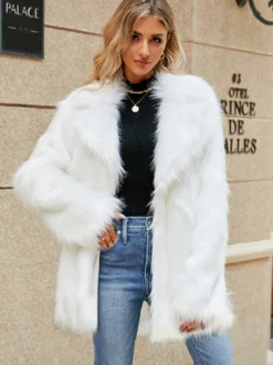 Veste en fausse fourrure à revers cranté et manches longues Manteau d'hiver écologique pour femme 2026