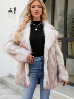 Veste en fausse fourrure à revers cranté et manches longues Manteau d'hiver écologique pour femme 2026