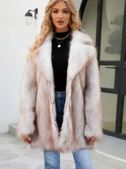 Veste en fausse fourrure à revers cranté et manches longues Manteau d'hiver écologique pour femme 2026