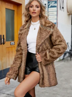 Veste en fausse fourrure à revers cranté et manches longues Manteau d'hiver écologique pour femme 2026
