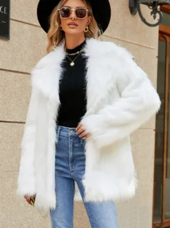 Veste en fausse fourrure à revers cranté et manches longues Manteau d'hiver écologique pour femme 2026