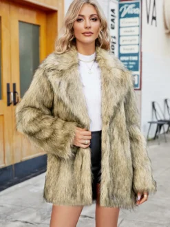 Veste en fausse fourrure à revers cranté et manches longues Manteau d'hiver écologique pour femme 2026