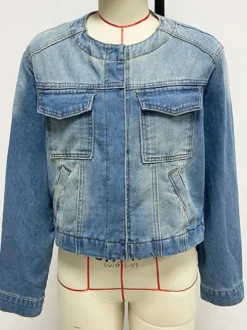 Veste en jean délavé vintage pour femme - Manteau trucker bleu rétro à simple boutonnage et coupe ample - Style streetwear décontracté printemps 2026