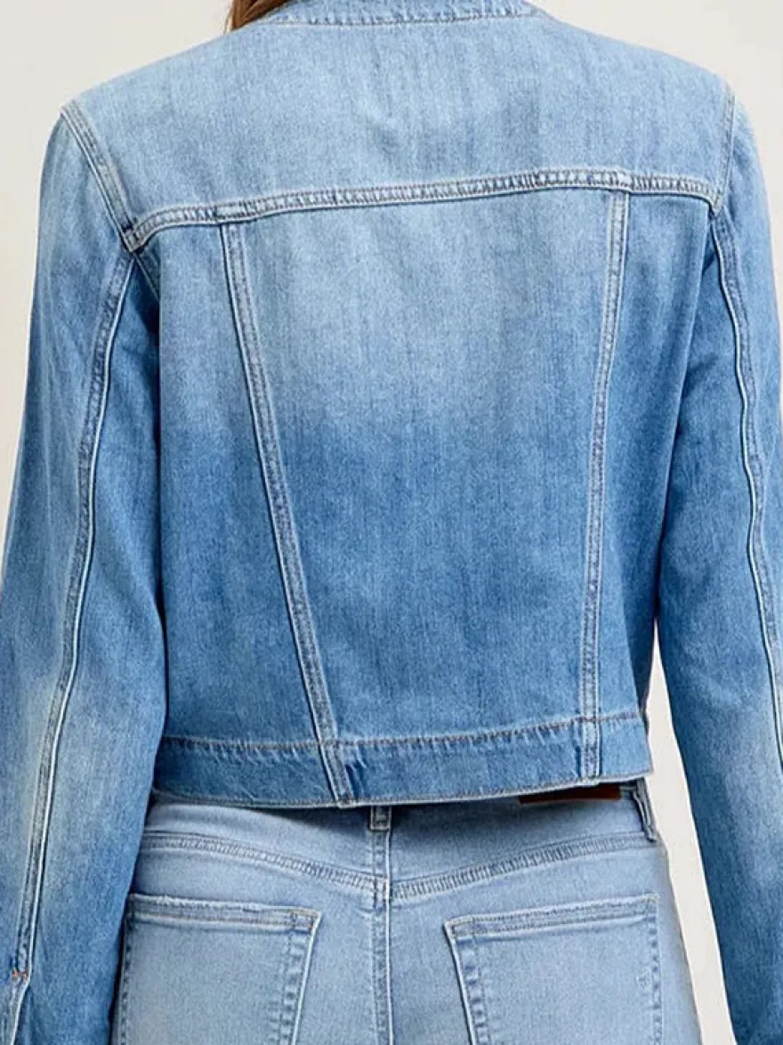 Veste en jean délavé vintage pour femme - Manteau trucker bleu rétro à simple boutonnage et coupe ample - Style streetwear décontracté printemps 2026