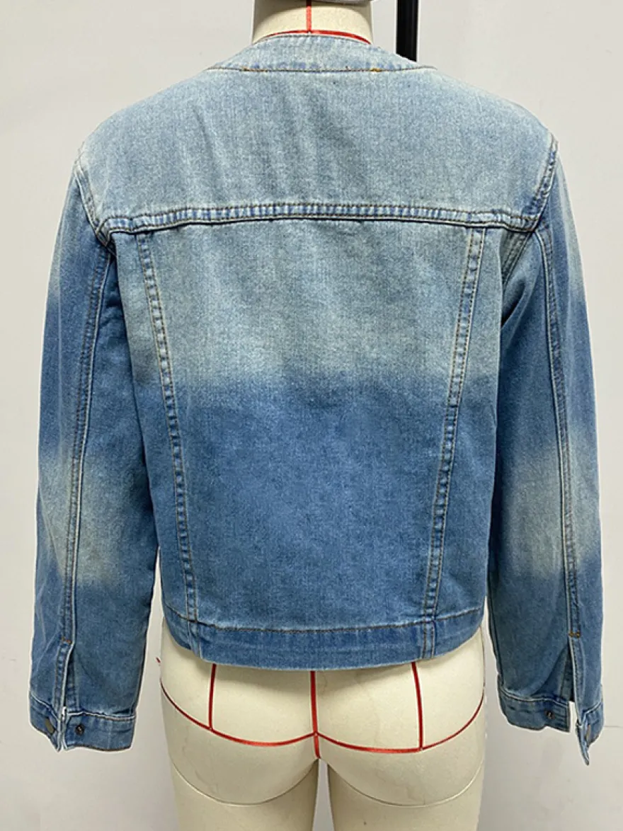 Veste en jean délavé vintage pour femme - Manteau trucker bleu rétro à simple boutonnage et coupe ample - Style streetwear décontracté printemps 2026