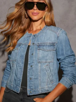 Veste en jean délavé vintage pour femme - Manteau trucker bleu rétro à simple boutonnage et coupe ample - Style streetwear décontracté printemps 2026