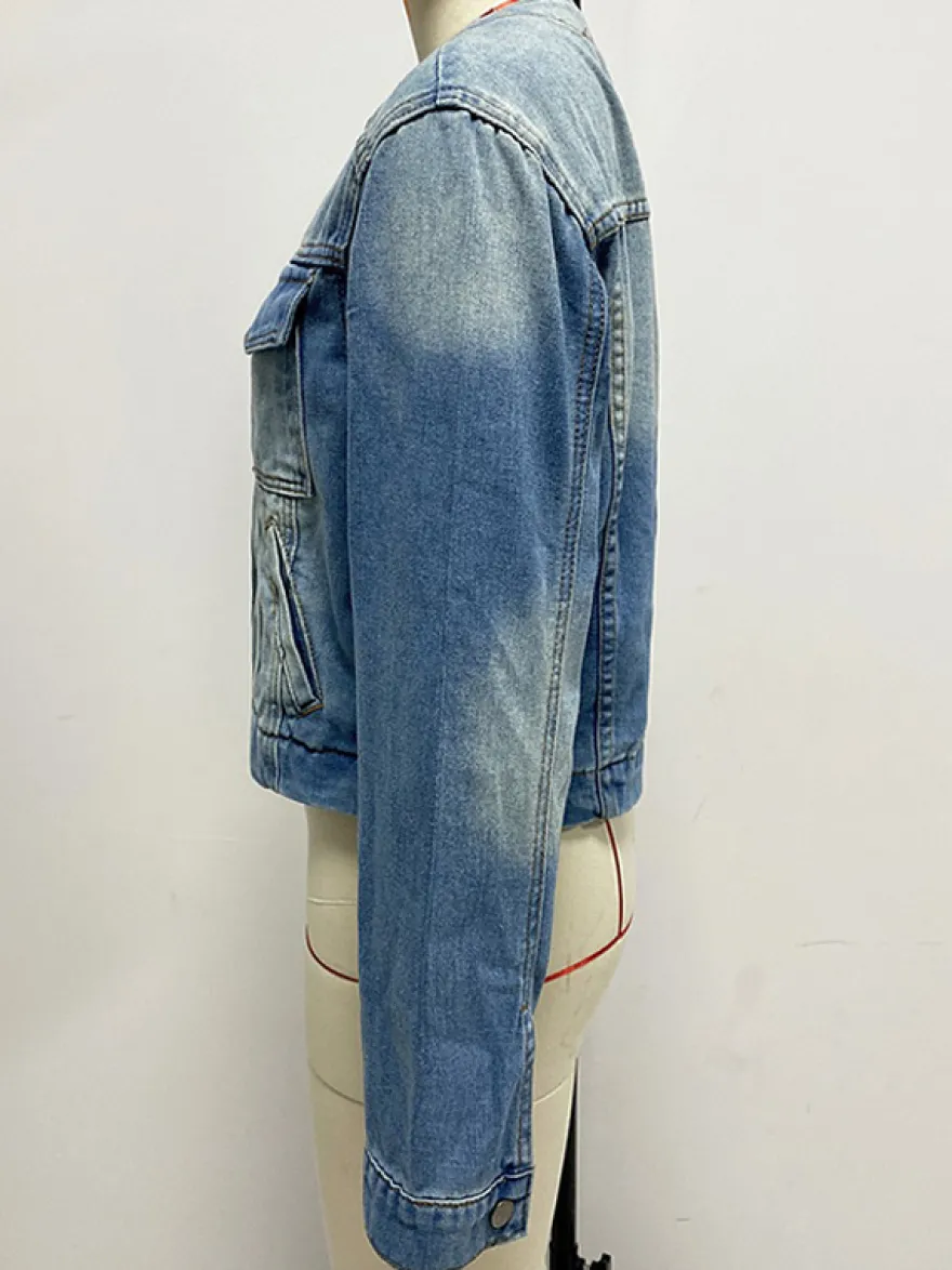 Veste en jean délavé vintage pour femme - Manteau trucker bleu rétro à simple boutonnage et coupe ample - Style streetwear décontracté printemps 2026