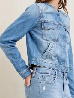Veste en jean délavé vintage pour femme - Manteau trucker bleu rétro à simple boutonnage et coupe ample - Style streetwear décontracté printemps 2026