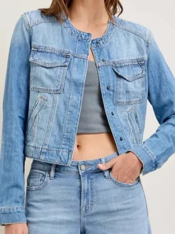 Veste en jean délavé vintage pour femme - Manteau trucker bleu rétro à simple boutonnage et coupe ample - Style streetwear décontracté printemps 2026