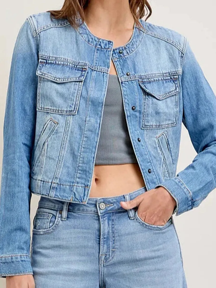 Veste en jean délavé vintage pour femme - Manteau trucker bleu rétro à simple boutonnage et coupe ample - Style streetwear décontracté printemps 2026