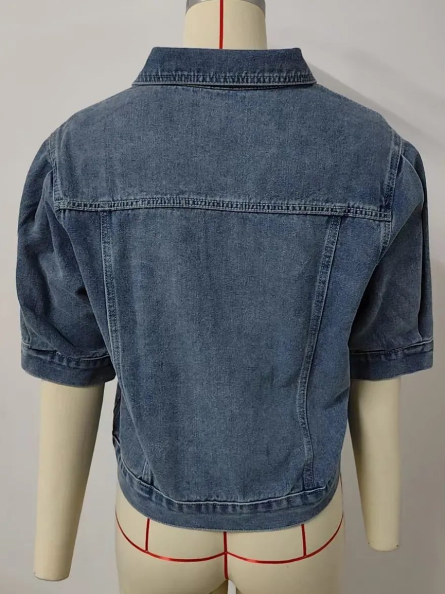 Veste en jean à manches bouffantes pour femme - Manteau trucker court rétro à manches courtes - Streetwear été printemps 2026