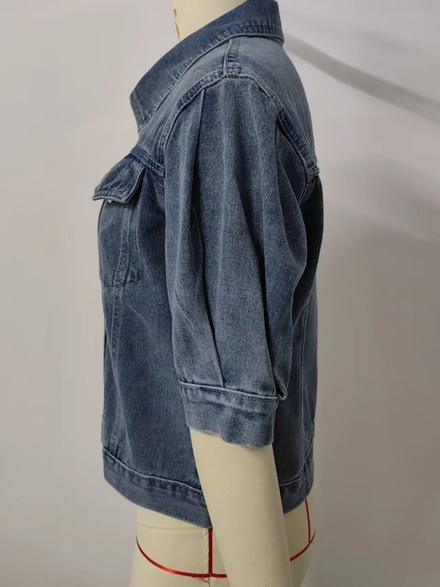 Veste en jean à manches bouffantes pour femme - Manteau trucker court rétro à manches courtes - Streetwear été printemps 2026