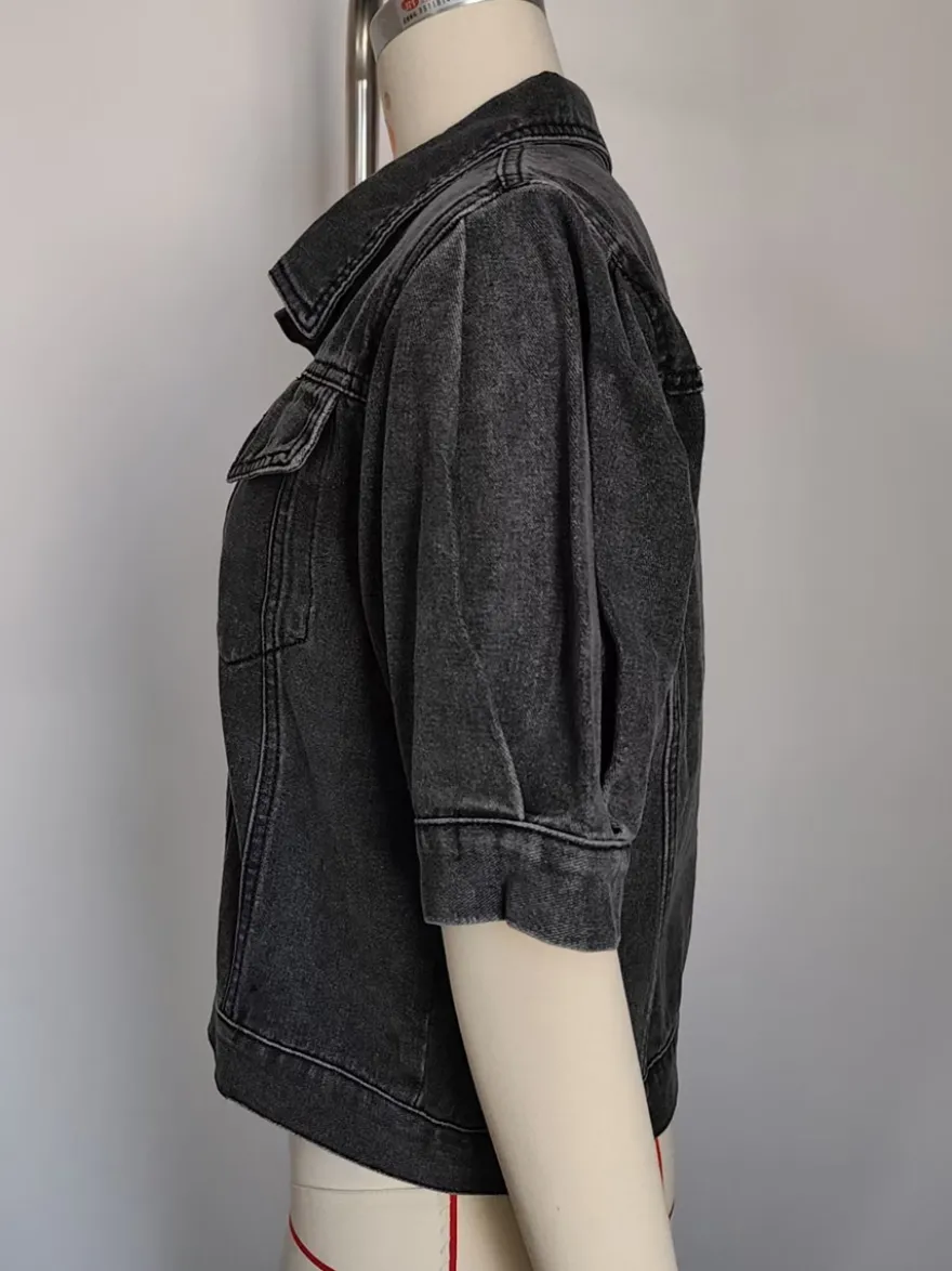 Veste en jean à manches bouffantes pour femme - Manteau trucker court rétro à manches courtes - Streetwear été printemps 2026