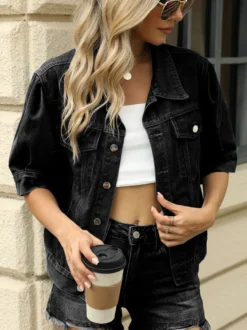 Veste en jean à manches bouffantes pour femme - Manteau trucker court rétro à manches courtes - Streetwear été printemps 2026