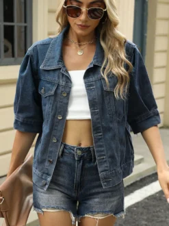 Veste en jean à manches bouffantes pour femme - Manteau trucker court rétro à manches courtes - Streetwear été printemps 2026