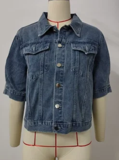 Veste en jean à manches bouffantes pour femme - Manteau trucker court rétro à manches courtes - Streetwear été printemps 2026