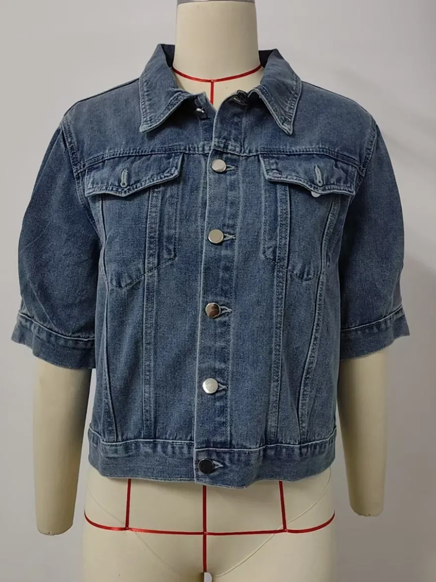 Veste en jean à manches bouffantes pour femme - Manteau trucker court rétro à manches courtes - Streetwear été printemps 2026