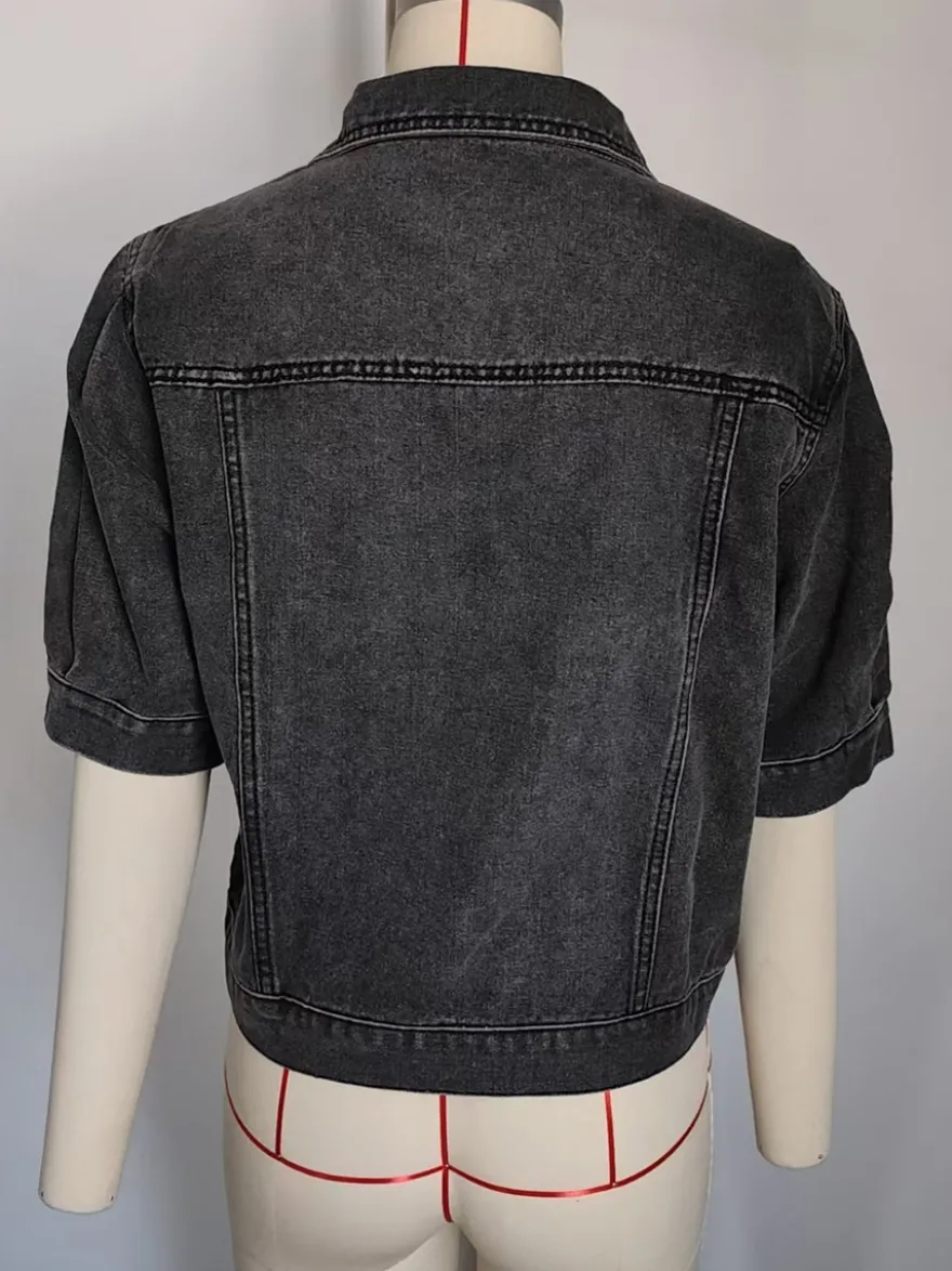 Veste en jean à manches bouffantes pour femme - Manteau trucker court rétro à manches courtes - Streetwear été printemps 2026