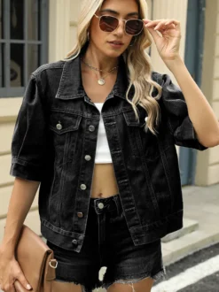 Veste en jean à manches bouffantes pour femme - Manteau trucker court rétro à manches courtes - Streetwear été printemps 2026