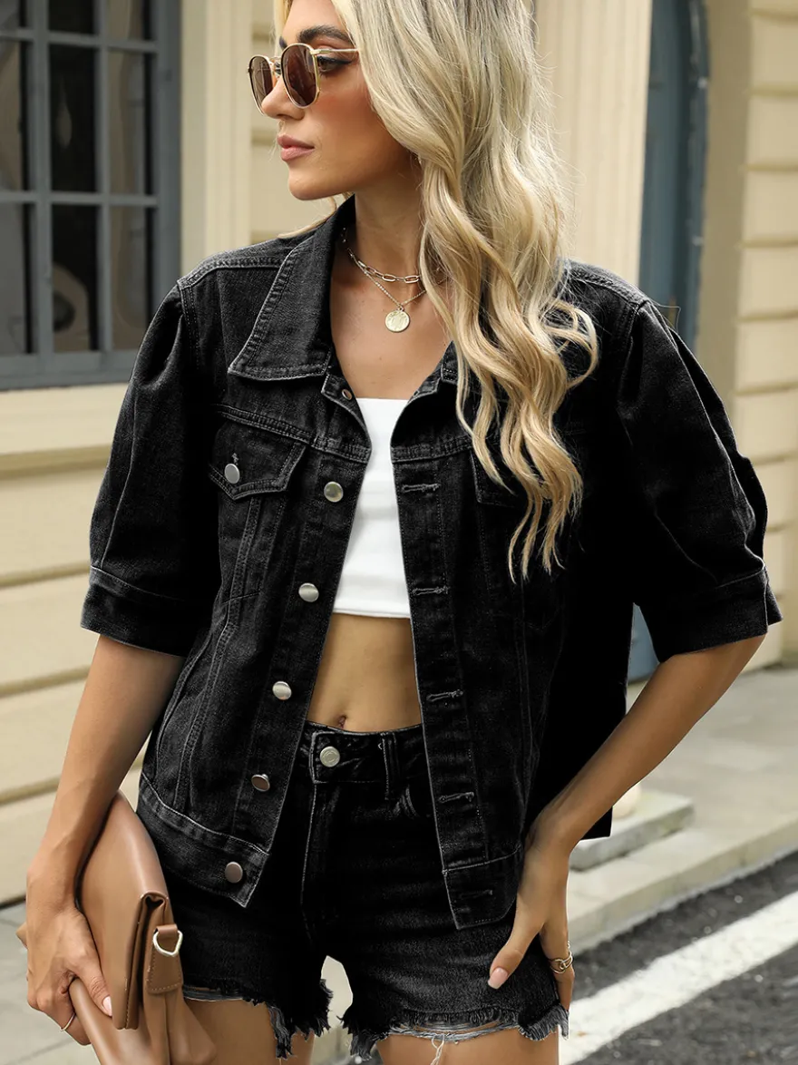Veste en jean à manches bouffantes pour femme - Manteau trucker court rétro à manches courtes - Streetwear été printemps 2026