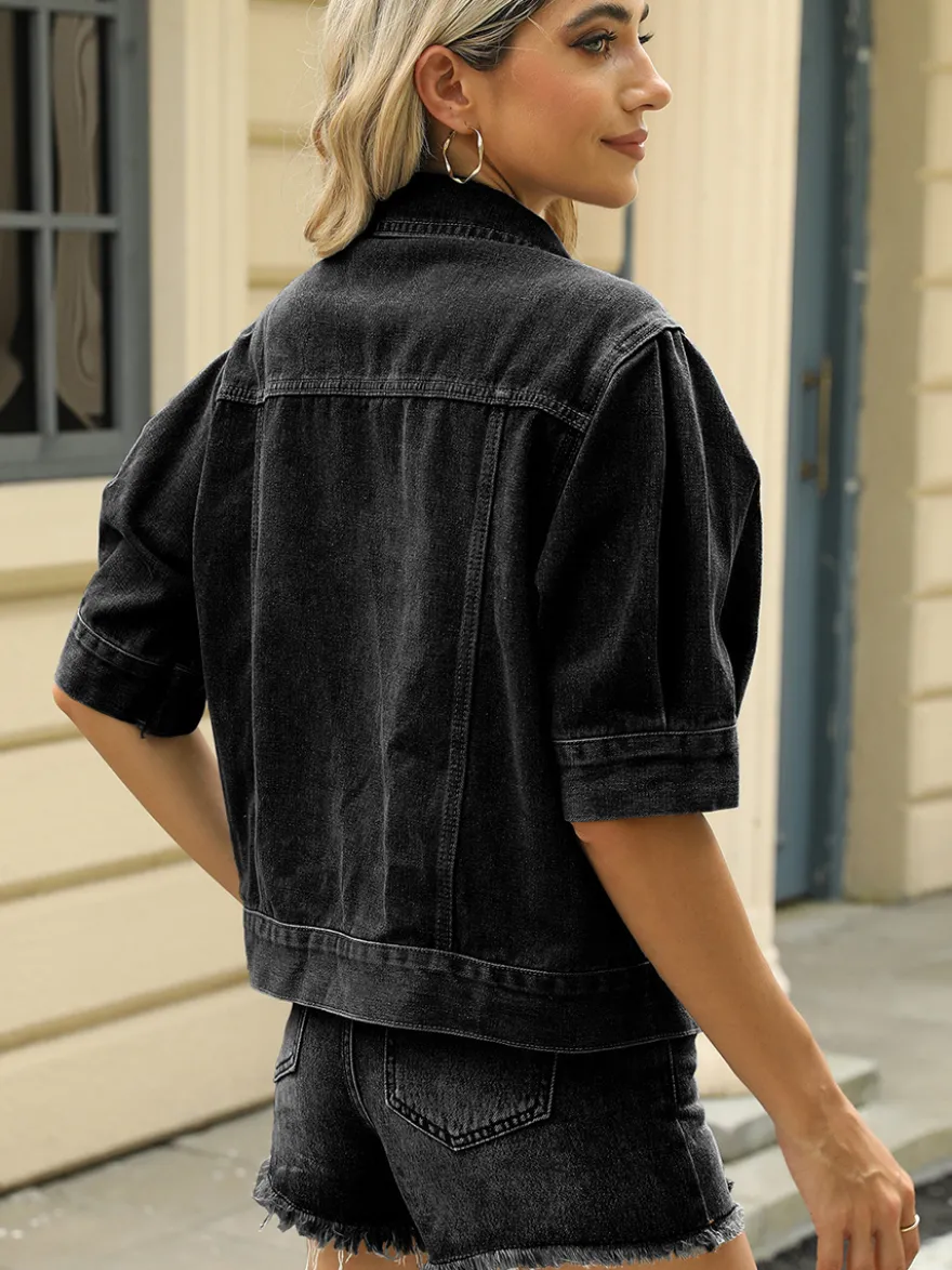 Veste en jean à manches bouffantes pour femme - Manteau trucker court rétro à manches courtes - Streetwear été printemps 2026