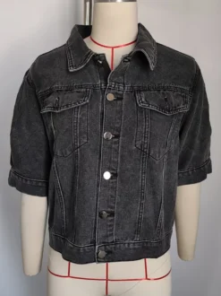 Veste en jean à manches bouffantes pour femme - Manteau trucker court rétro à manches courtes - Streetwear été printemps 2026
