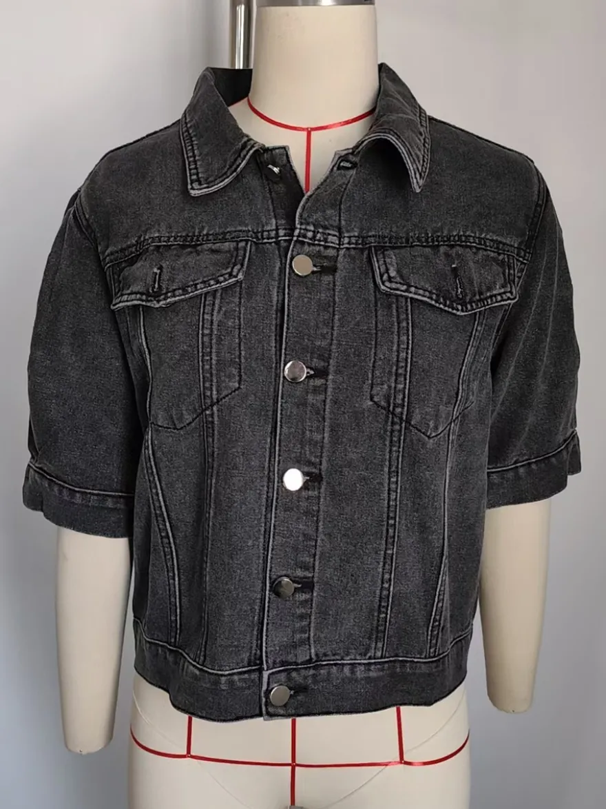 Veste en jean à manches bouffantes pour femme - Manteau trucker court rétro à manches courtes - Streetwear été printemps 2026