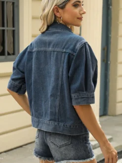 Veste en jean à manches bouffantes pour femme - Manteau trucker court rétro à manches courtes - Streetwear été printemps 2026