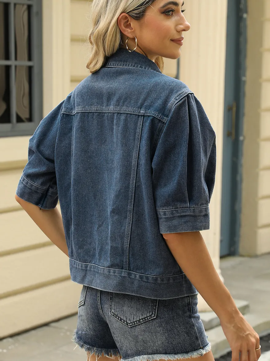 Veste en jean à manches bouffantes pour femme - Manteau trucker court rétro à manches courtes - Streetwear été printemps 2026