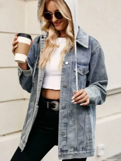 Veste en jean oversize à capuche pour femme - Manteau trucker long coupe boyfriend effet usé - Streetwear chic printemps 2026