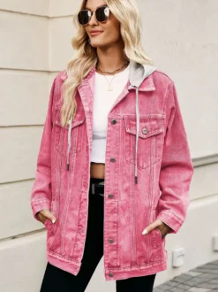 Veste en jean oversize à capuche pour femme - Manteau trucker long coupe boyfriend effet usé - Streetwear chic printemps 2026