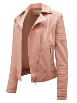 Veste Femme en Cuir Synthétique avec Manches Longues à Col Revers à Zip Unicolore