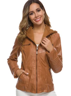 Veste Femme en Cuir Synthétique à Capuche avec Manches Longues à Zip Unicolore