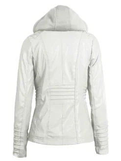Veste Femme en Cuir Synthétique à Capuche avec Manches Longues à Zip Unicolore