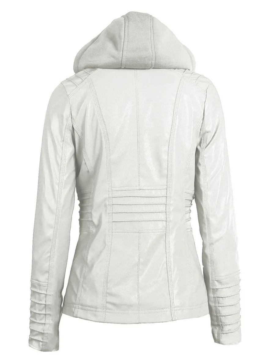Veste Femme en Cuir Synthétique à Capuche avec Manches Longues à Zip Unicolore