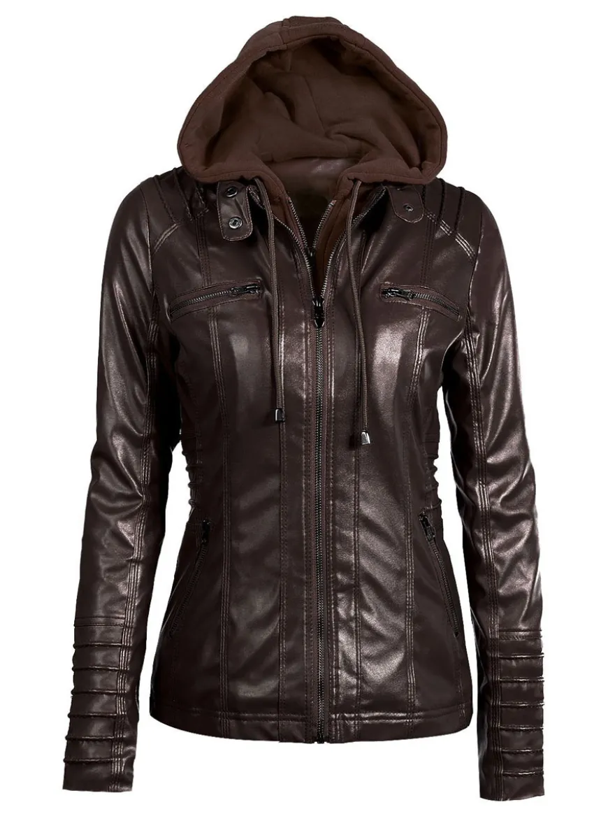 Veste Femme en Cuir Synthétique à Capuche avec Manches Longues à Zip Unicolore