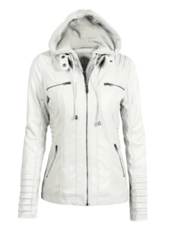 Veste Femme en Cuir Synthétique à Capuche avec Manches Longues à Zip Unicolore
