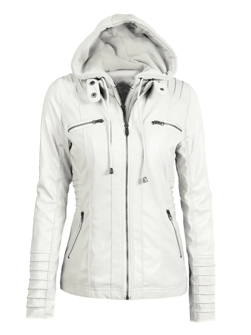 Veste Femme en Cuir Synthétique à Capuche avec Manches Longues à Zip Unicolore