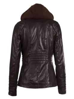 Veste Femme en Cuir Synthétique à Capuche avec Manches Longues à Zip Unicolore