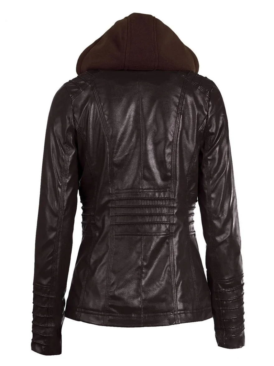 Veste Femme en Cuir Synthétique à Capuche avec Manches Longues à Zip Unicolore