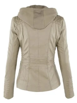 Veste Femme en Cuir Synthétique à Capuche avec Manches Longues à Zip Unicolore